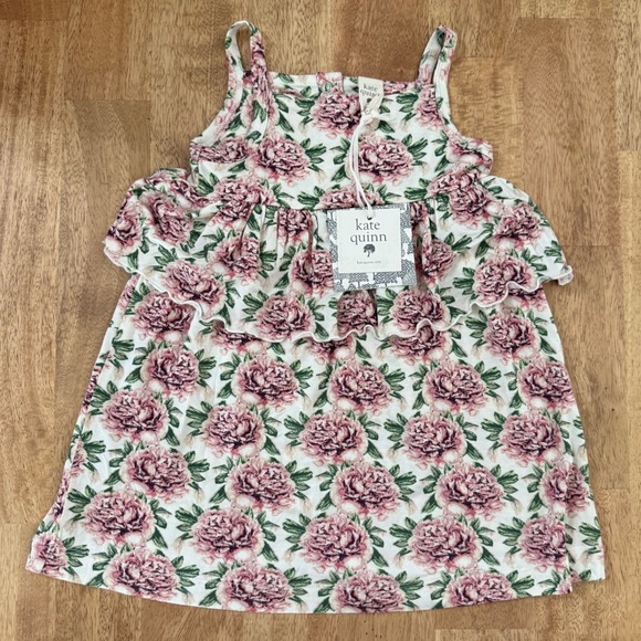 kate quinn Other - Kate Quinn Peony Floral Bamboo Ruffle Dress Pink Cream 12-18M Kids Sleeveless